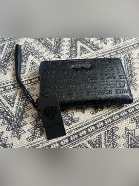 Ed Hardy Black Embossed Logo Zip Wallet with Tag